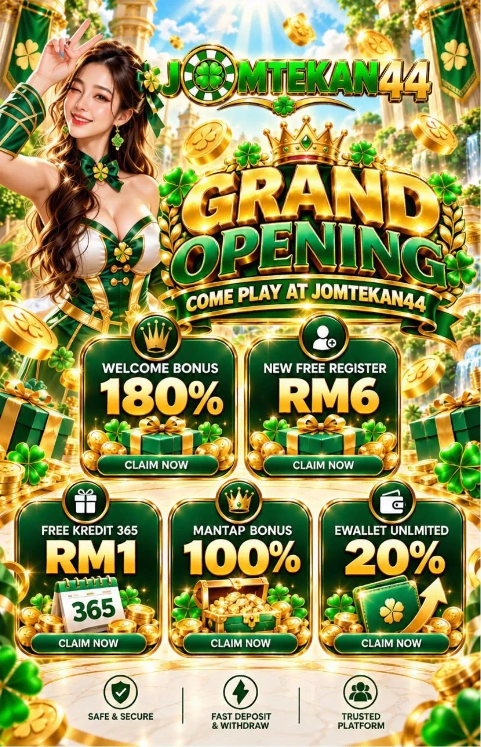 Poster JomTekan44 Grand Opening: Welcome Bonus 180%, New Free Register RM6, Free Kredit 365 RM1, Mantap Bonus 100%, eWallet Unlimited 20%